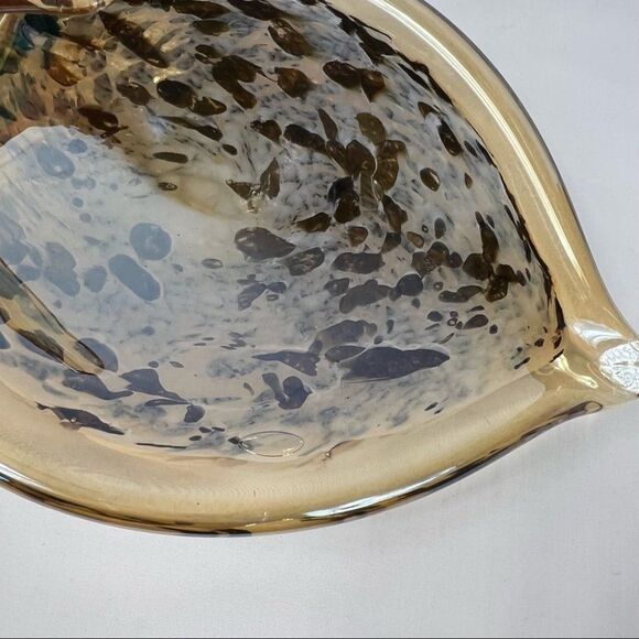 Murano Style Gold Yellow Speckled Art Glass Hand Blown Curved Leaf Shaped Dish - Picture 10 of 10